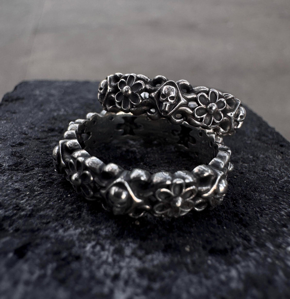 Skeletal Skull & Floral Gothic 925 Sterling Silver