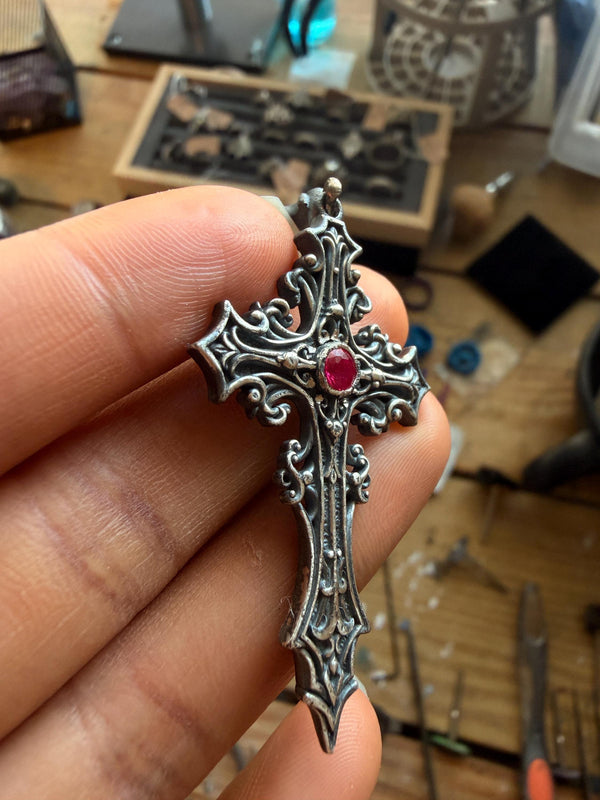 Gothic Cross Pendant with Natural Ruby with chain