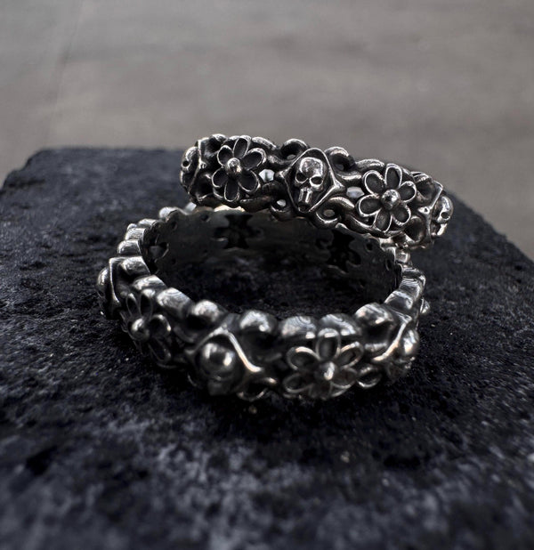 Skeletal Skull & Floral Gothic 925 Sterling Silver