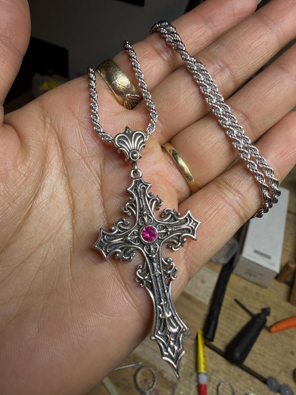 Gothic Cross Pendant with Natural Ruby with chain