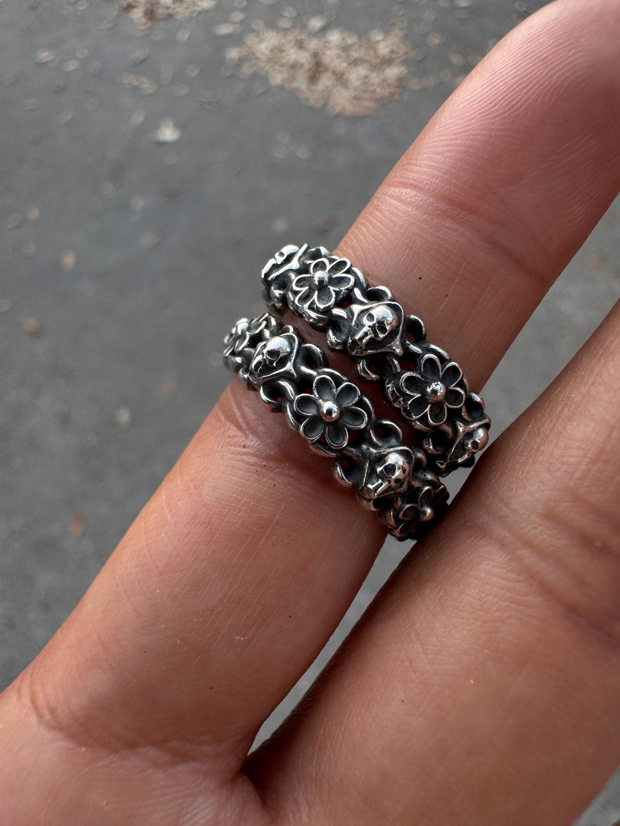 Skeletal Skull & Floral Gothic 925 Sterling Silver